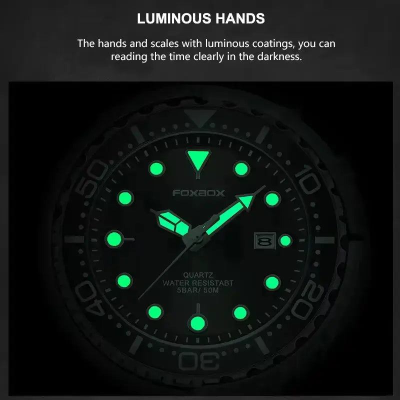 FOXBOXE men's quartz diver watch with steel bezel, luminous green hands and markers, date window
