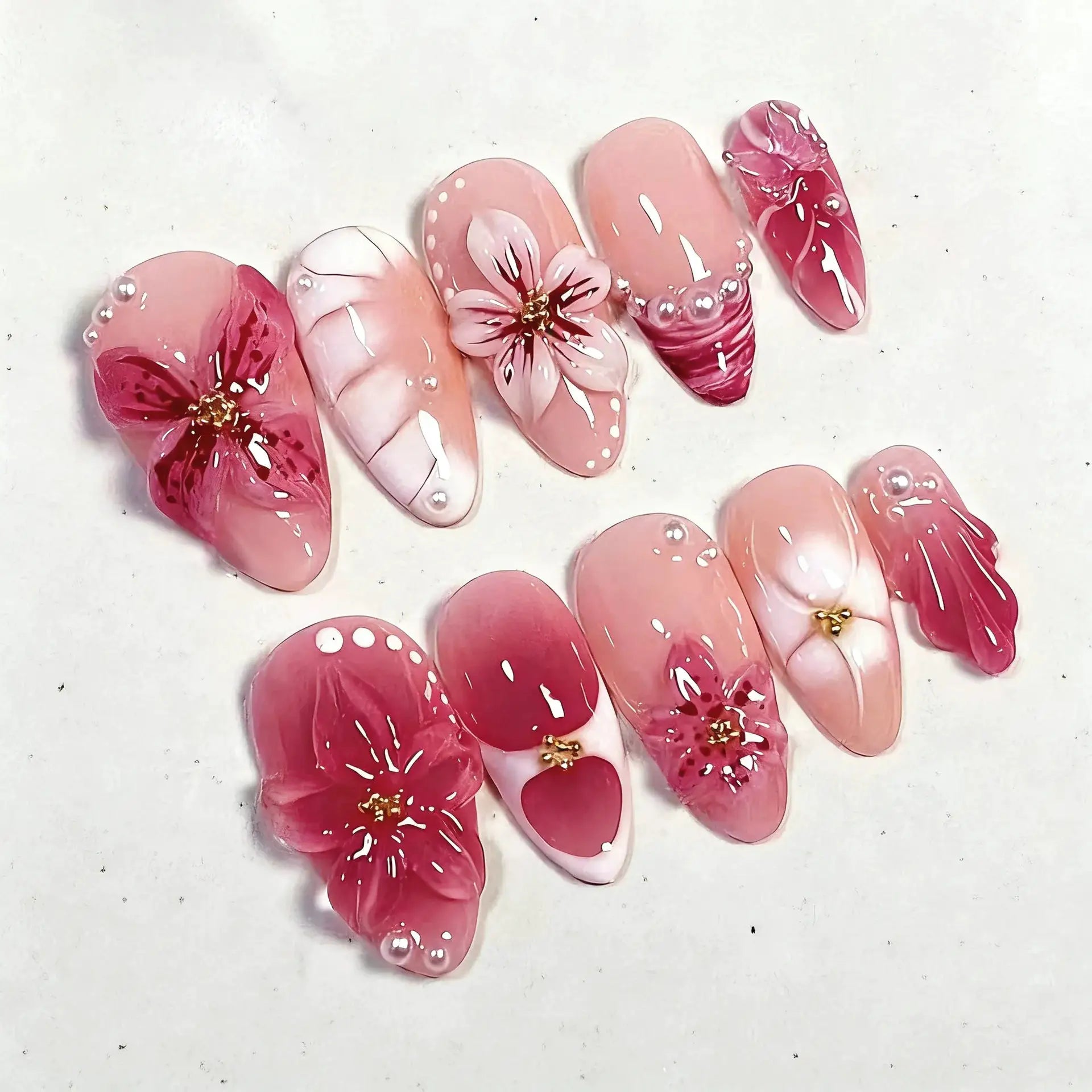 GlamNail Pink Almond Press On Nails Full Coverage Carved Flower 3D Ripple French Tips Golden Pearl Finish