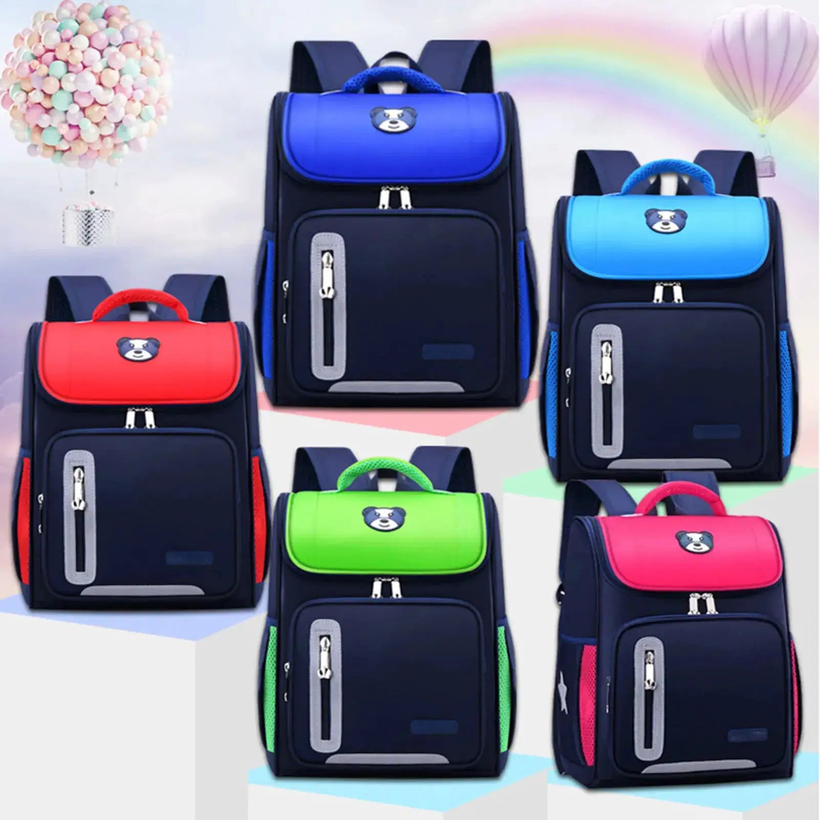Children's school backpacks by Simples Market; navy bags with colorful flap accents and bear logo