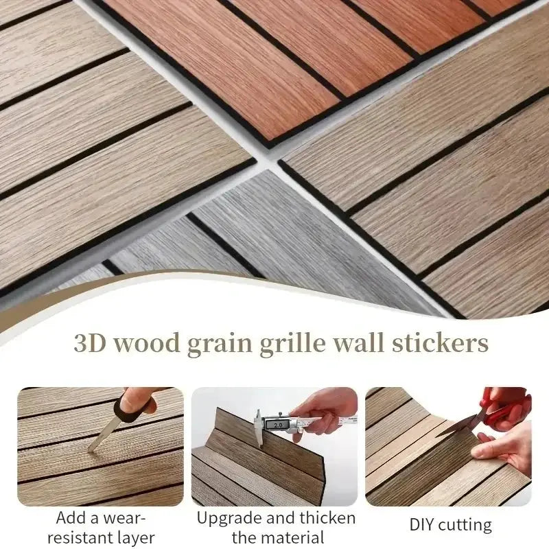 3D wood grain grille wall stickers by Simples Market; self-adhesive faux wood wallpaper in brown, beige, and gray tones.