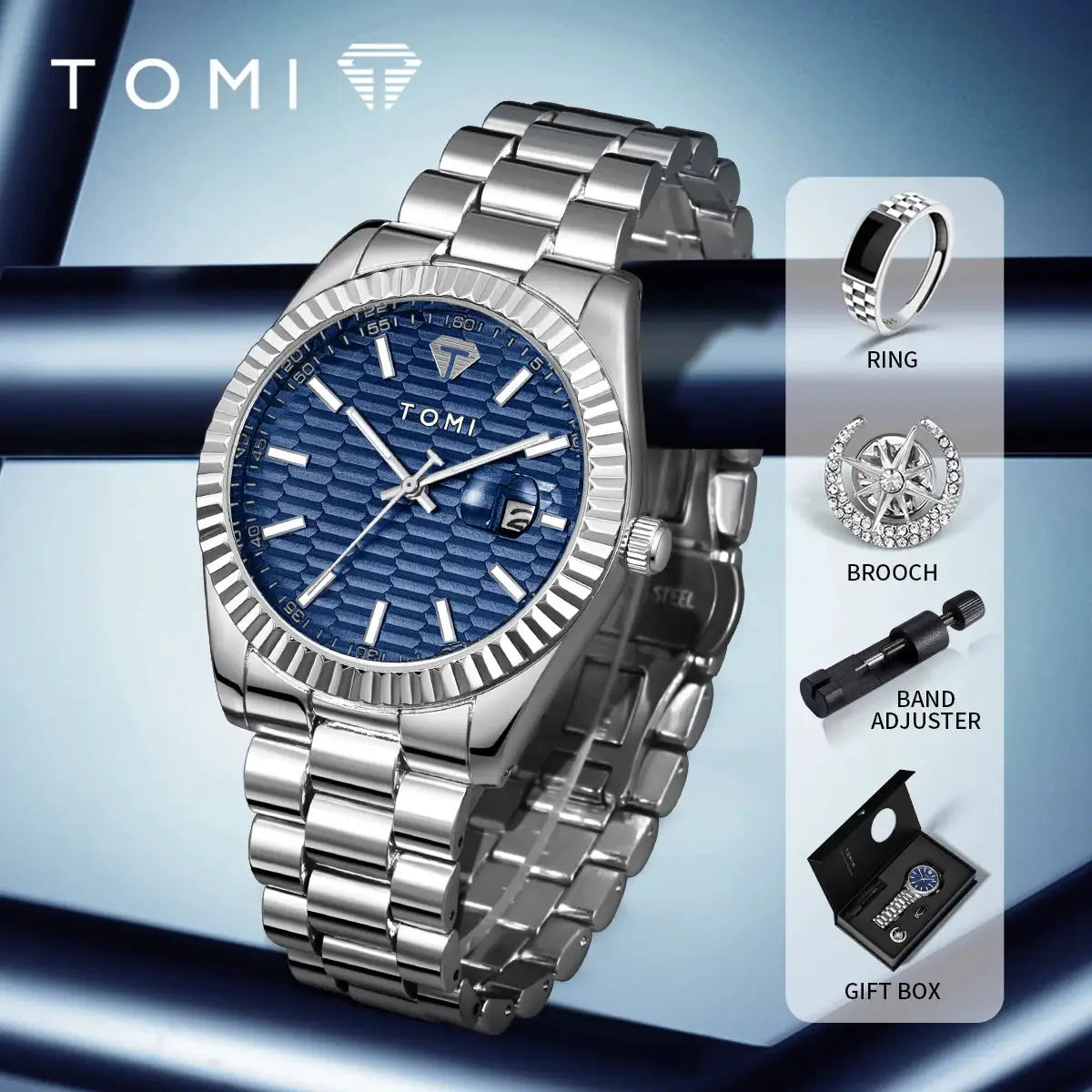 TOMI men's stainless steel watch with blue honeycomb dial in a gift box set; includes ring and brooch