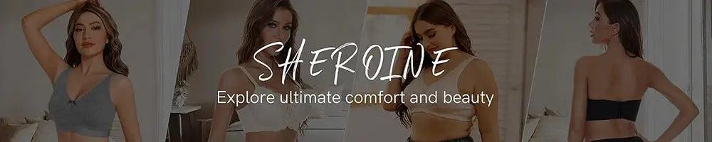 Sheroine plus-size underwire bra with lace floral minimizer, full-coverage unpadded; four bras shown.