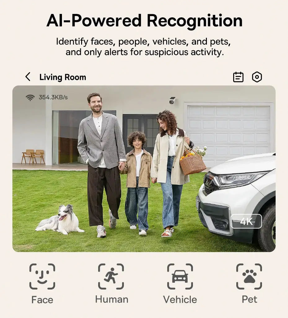 Simples Market S2 Outdoor 4K security camera; solar wireless, IP67, 145° FOV, app control; family with dog near car