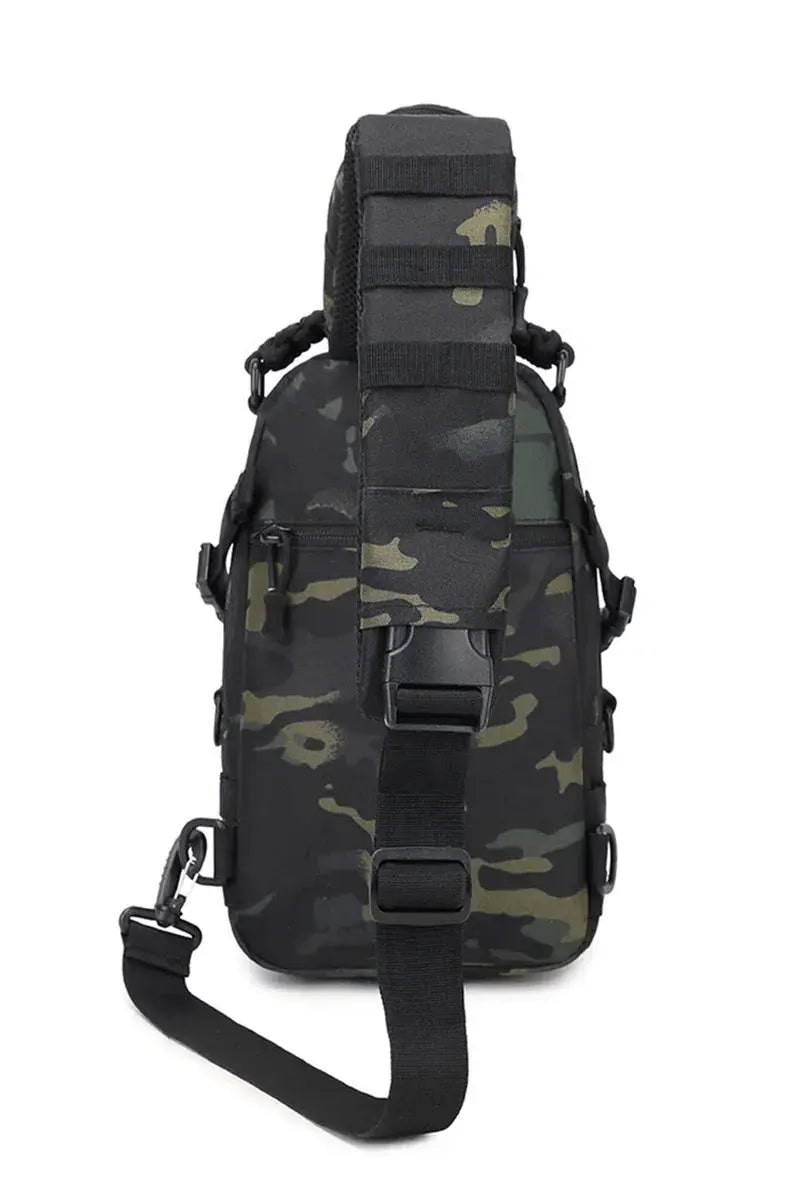 Tactical chest bag with woodland camo, MOLLE system, and adjustable sling by Simples Market