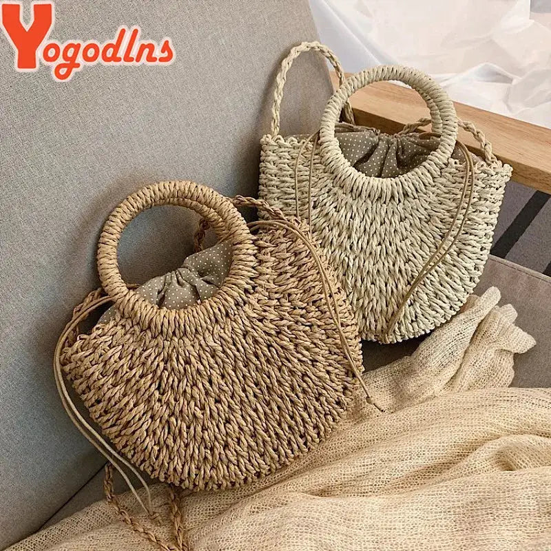 Yogodlns Handmade Half Round Rattan Woven Straw Bag Summer Women Messenger Crossbody Small Beach Handbag New