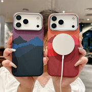 iPhone 17 cases by Simples Market; two carbon-fiber dotted covers, purple-blue mountain design and red with MagSafe disk