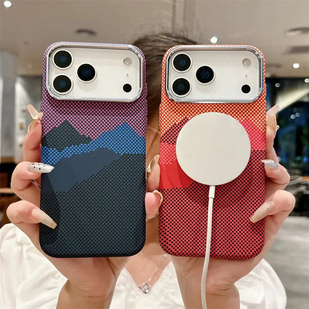 iPhone 17 cases by Simples Market; two carbon-fiber dotted covers, purple-blue mountain design and red with MagSafe disk