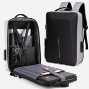 Men's casual hard-shell backpack by Simples Market, grey/black, anti-theft design with USB charging, high-capacity laptop bag