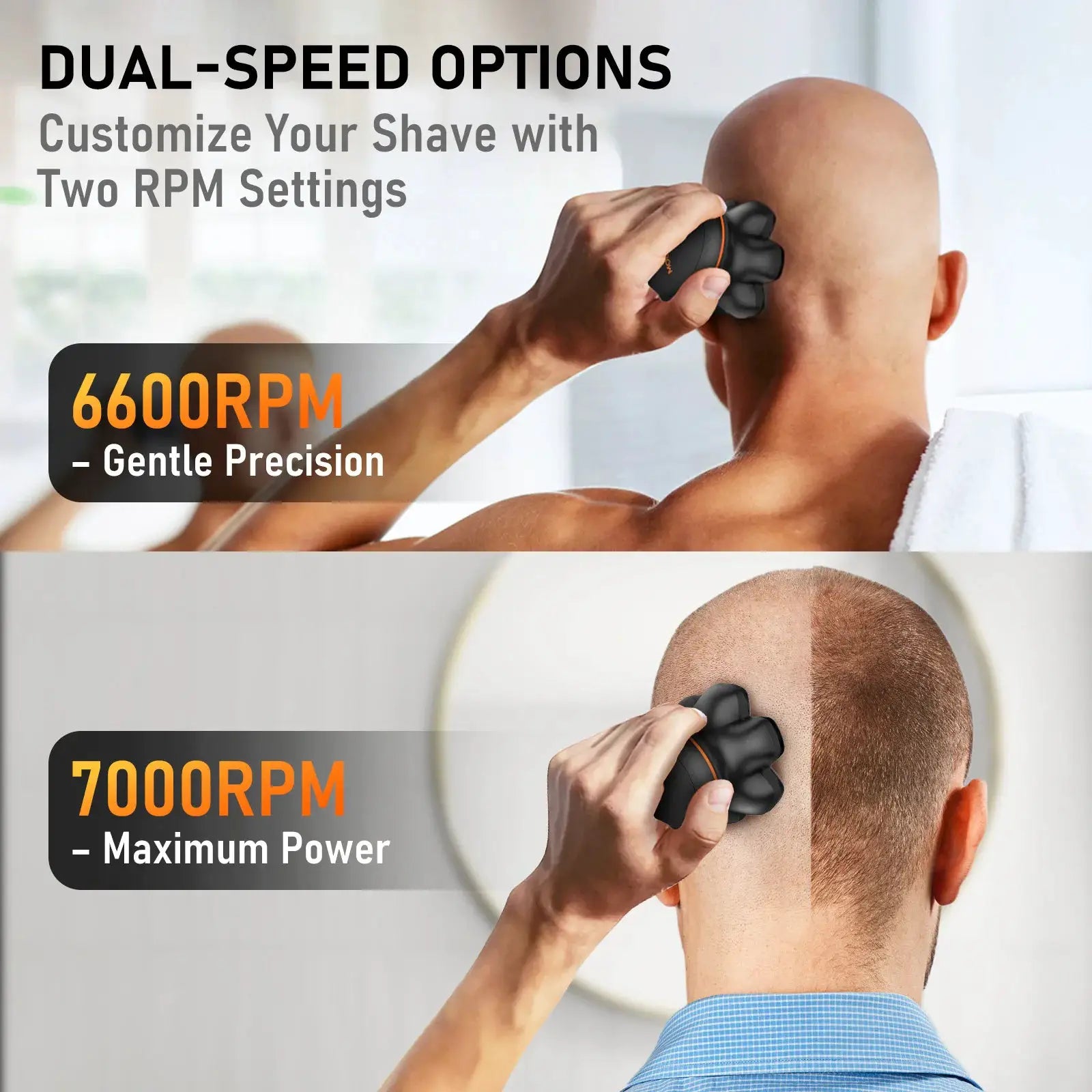 MAXGROOM 7D electric shaver for men; black with orange ring, waterproof USB-rechargeable dual-speed 6600/7000 RPM shaver.