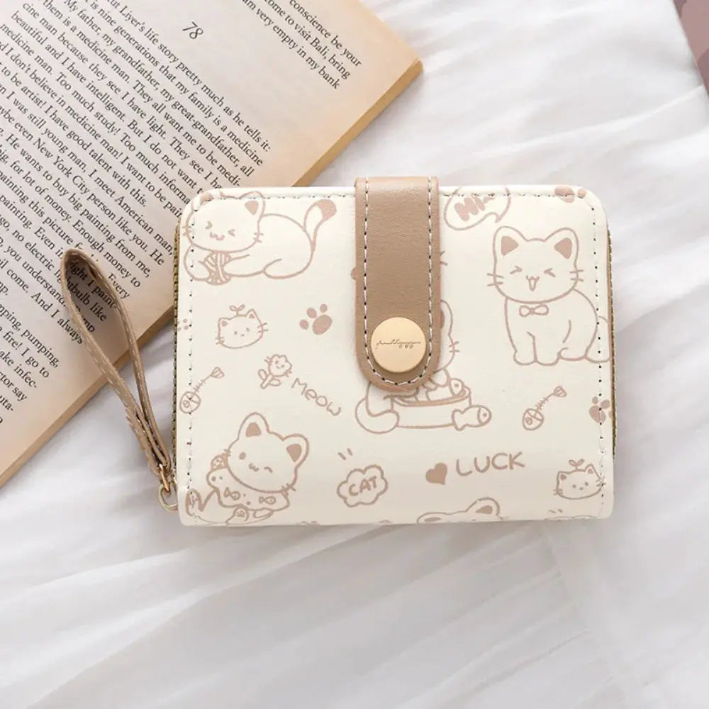 Cat-print PU leather wallet with tan strap; beige color, Simples Market brand, compact large-capacity purse