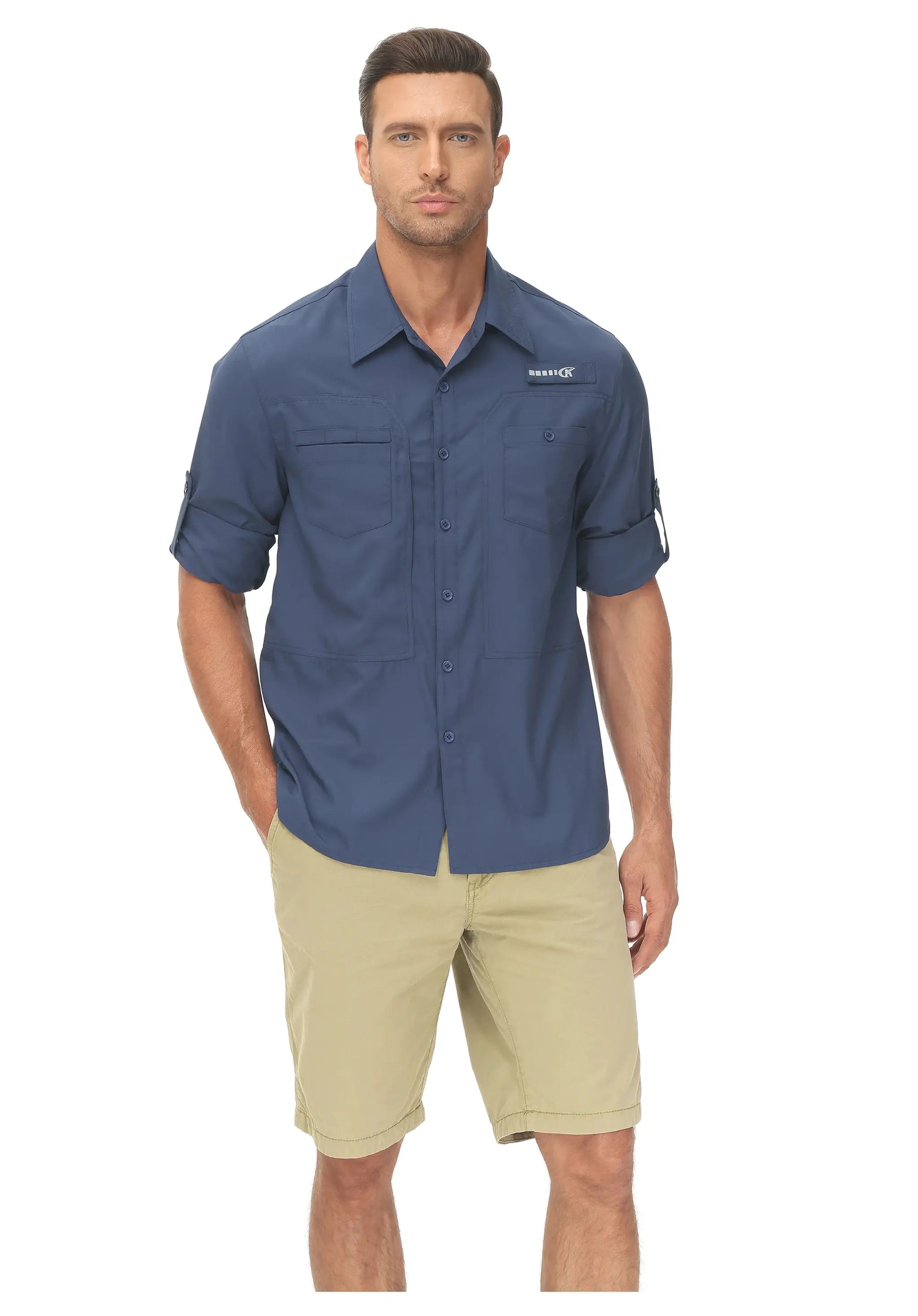 Men's blue long-sleeve fishing shirt by Simples Market with UPF 50+ sun protection and zipper pocket