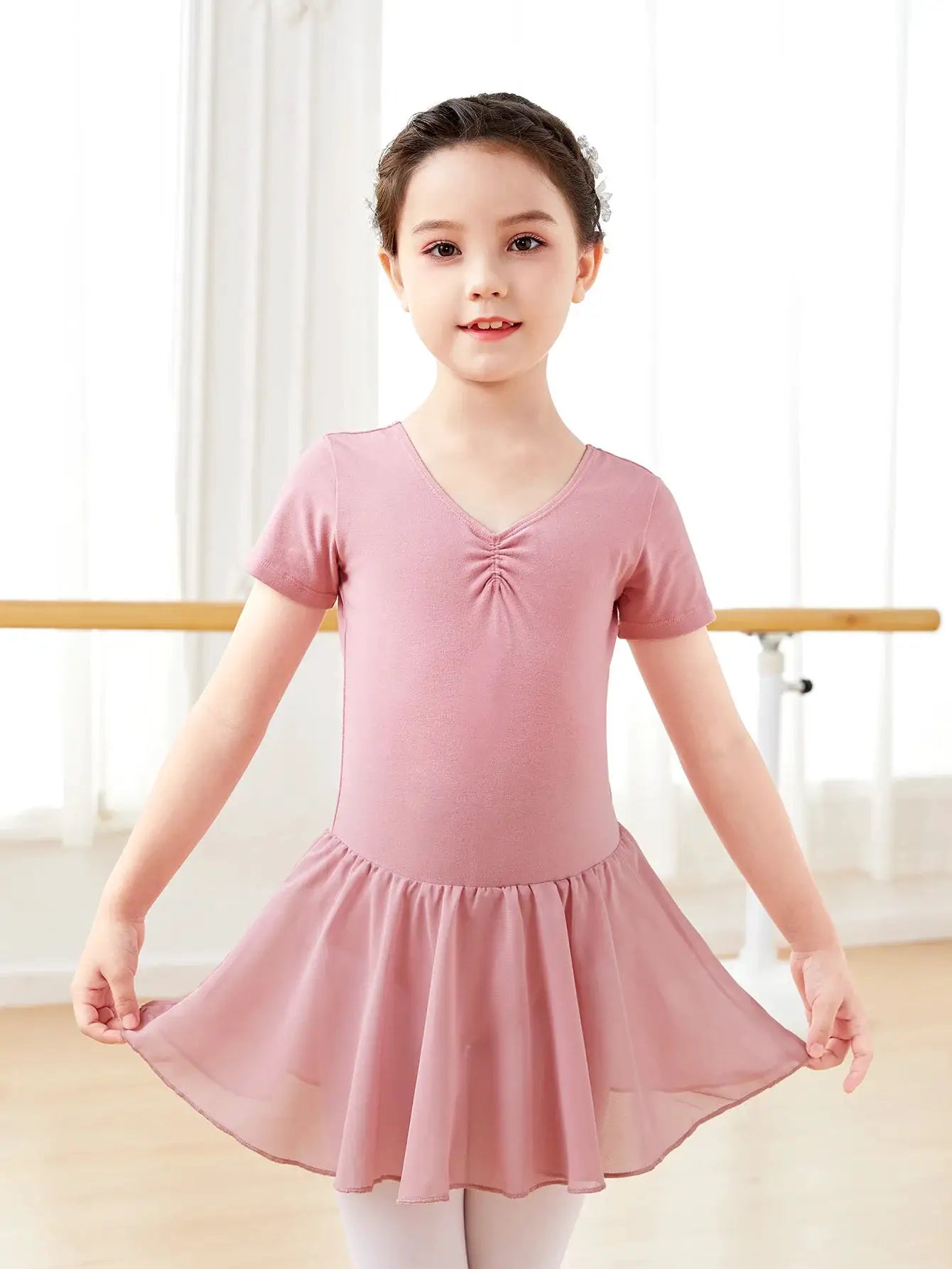 DreamDance Girls Ballet Leotard Dress With Chiffon Skirt Breathable Cotton Elastane Blend For Flexible Comfort