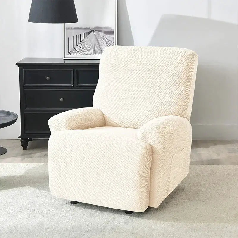 Jacquard stretch recliner chair cover in beige; Simples Market elastic, split-arm armchair slipcover for living room