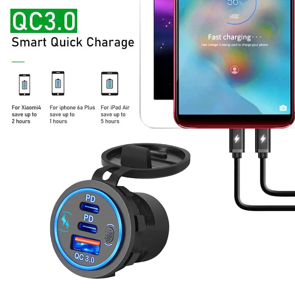Velev 78W PD3.0 QC3.0 Dual USB C Ports Car Charger Socket Waterproof With LED Touch Switch 12V/24V For Moto