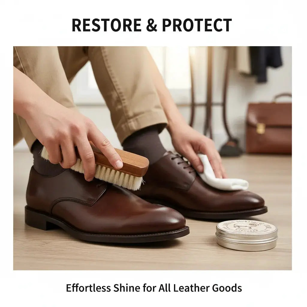 Simples Market Sheep Oil Leather Conditioner & Wax Kit with soft wool brush; brown leather shoes being polished