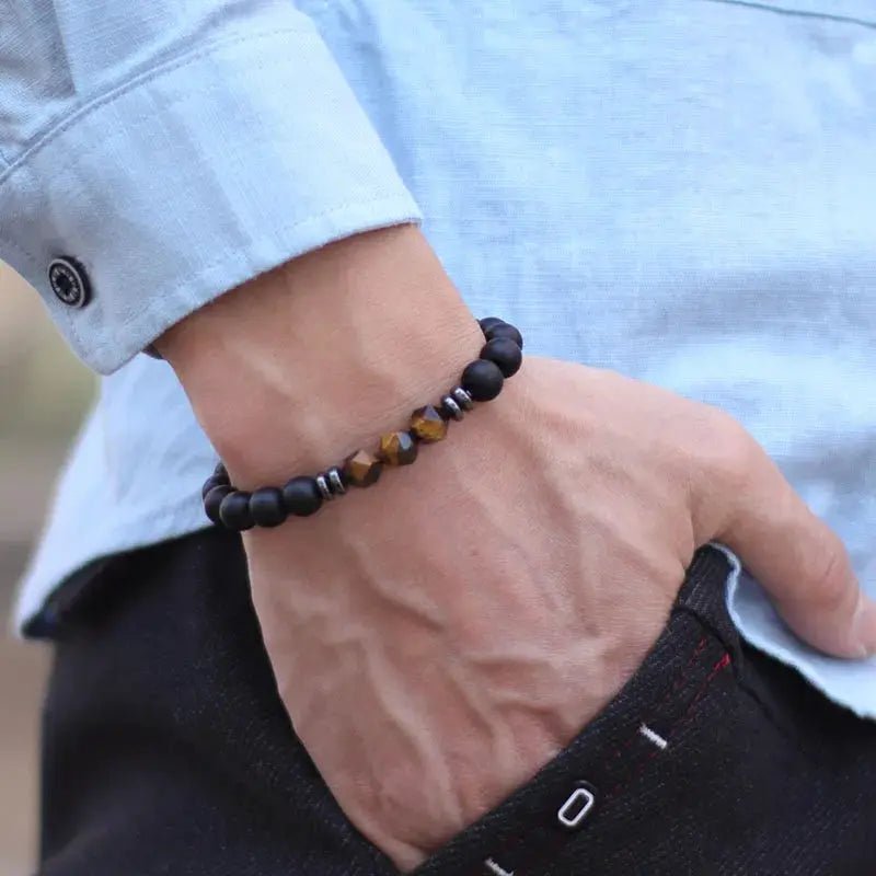 Men's Beaded Stone Bracelet Natural Black Onyx Tiger Eye Sodalite Irregular Beads Unisex Jewelry - Simples Market