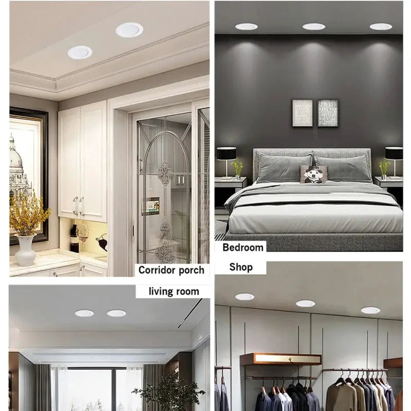 LED recessed downlights; four white ceiling lights shown in corridor porch, living room, bedroom and shop