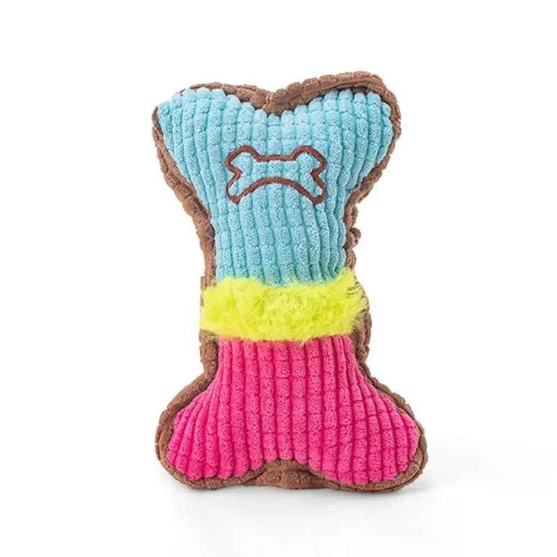 Plush dog bone chew toy by Simples Market; blue top, pink bottom with brown trim