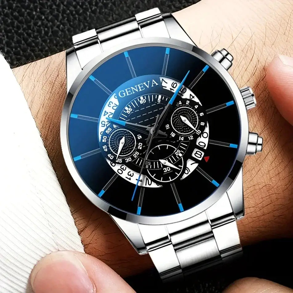 NovaTime Mens Quartz Watch Set 3Pc Stainless Steel Strap Circular Dial Date Function Electronic Drive