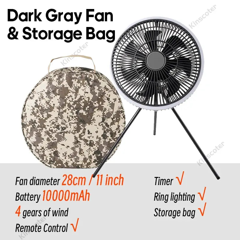 KINSCOTER 11in outdoor camping fan, dark gray portable stand fan with LED lighting and camouflage storage bag