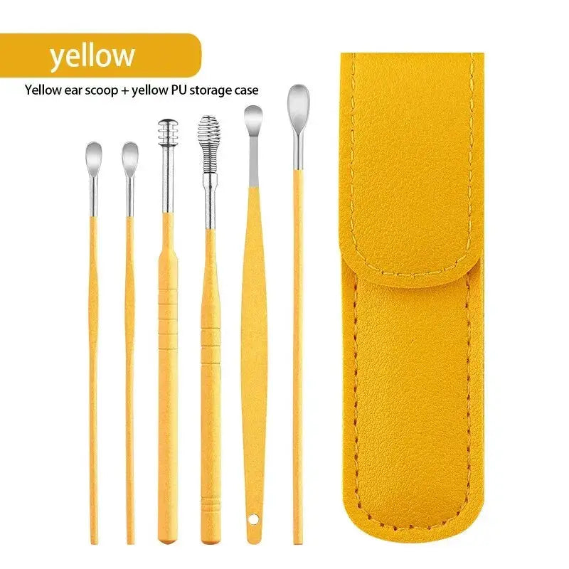 Six Piece Stainless Steel Ear Picking Tool Set With Leather Bag Ear Cleaning Spoon Kit Easy To Carry At Home