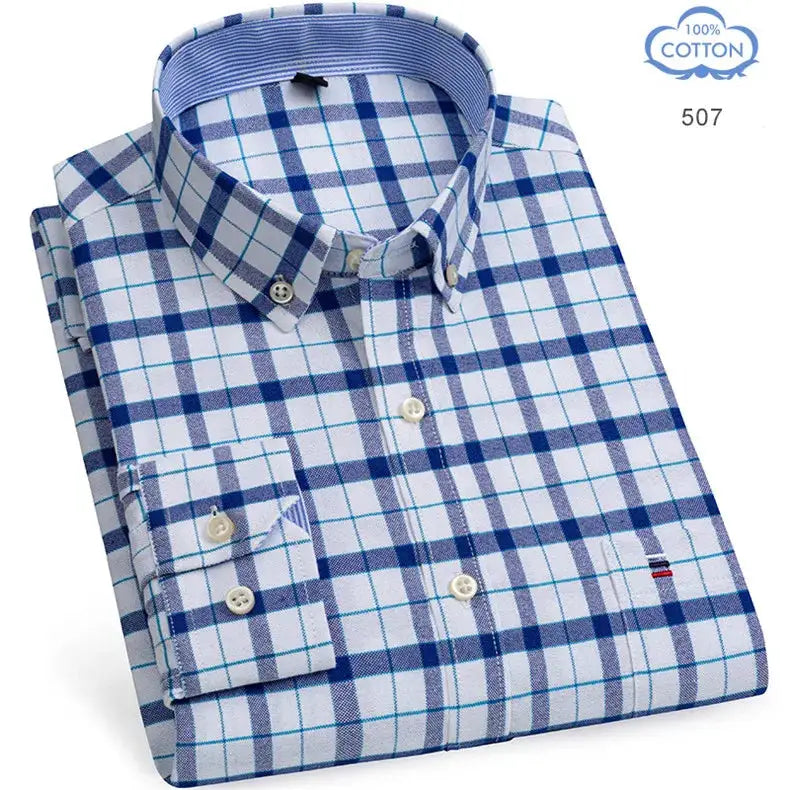 Men's blue and white plaid cotton Oxford shirt, 100% cotton, long sleeve, button-down collar