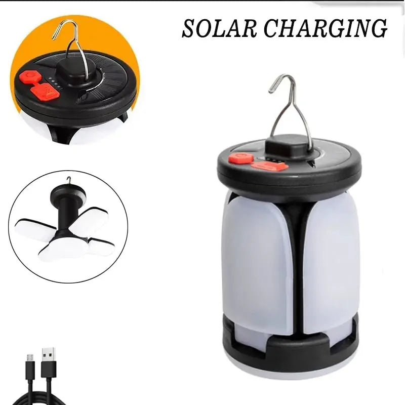 Rechargeable LED Camping Lantern With Folding Floodlight Portable Tent Light 3 Light Modes USB And Solar Charging