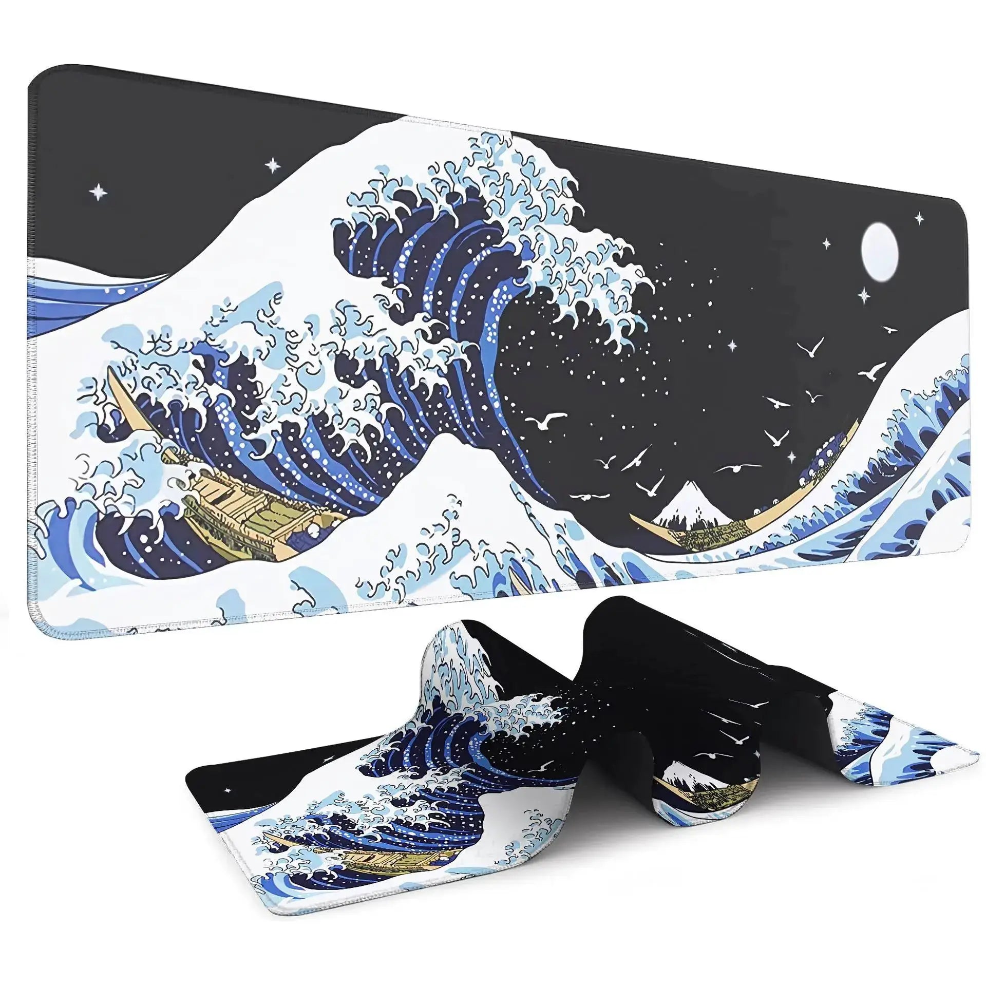 Japanese Sea Wave Large Mouse Pad Anime Black Gaming Extended Desk Mat 3mm Thick Non Slip Rubber Base