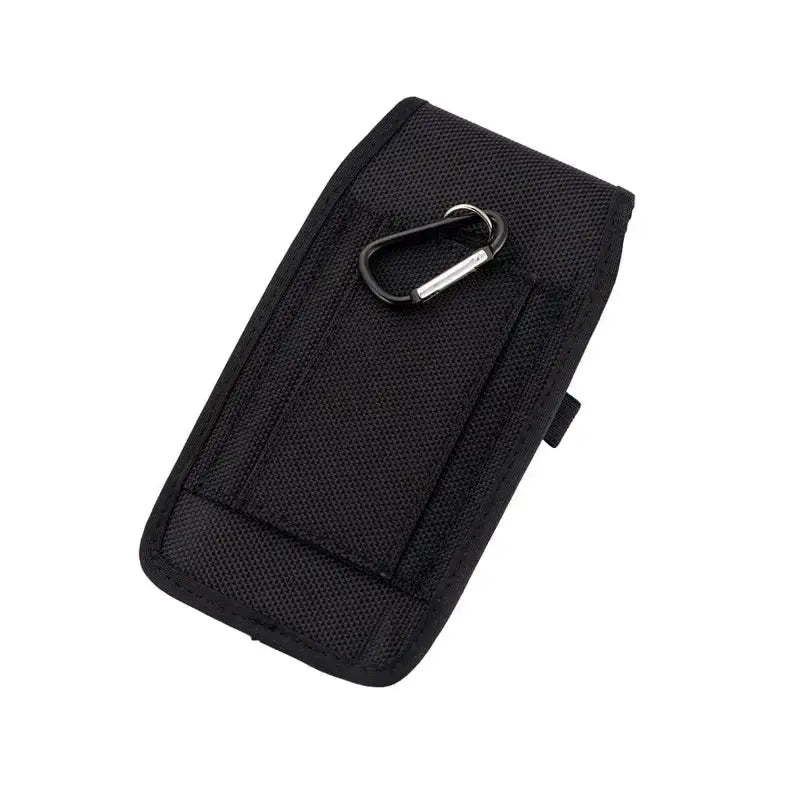 Unisex black nylon vertical phone belt pouch by Simples Market with carabiner clip