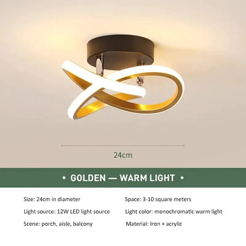 LED ceiling light fixture by Simples Market, golden iron and acrylic loop design, 24cm diameter.