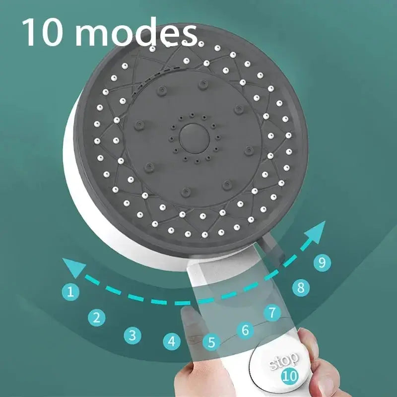 Handheld shower head with 10 spray modes and one-touch stop, gray/black finish