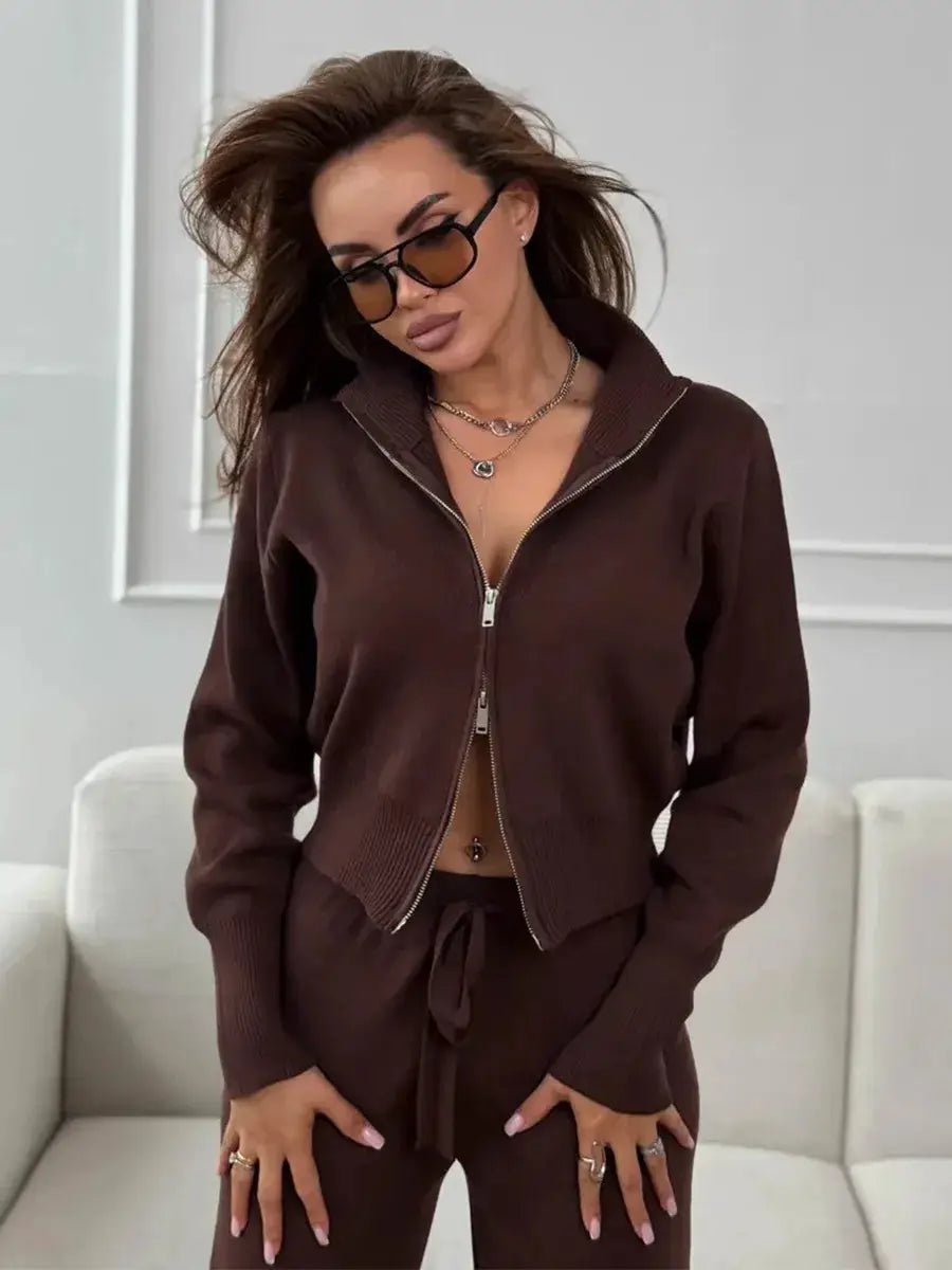 Bornladies Knit Zip Up Cropped Cardigan With Wide Leg Pants Set Women