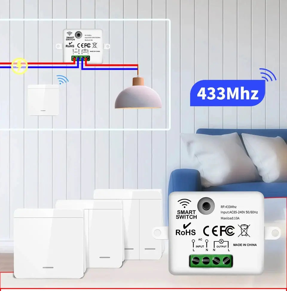 Wireless RF433 smart switch kit with 4 white wall switch modules and receiver