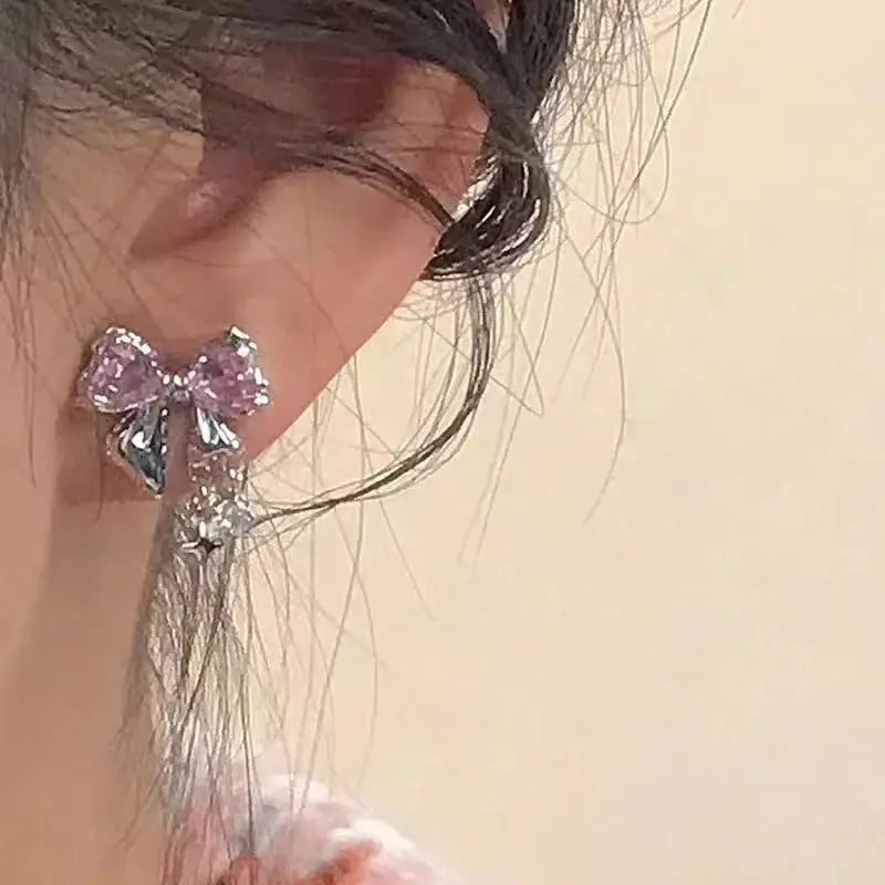 Y2K Bowknot Zircon Stud Earrings For Women Pink Crystal Silver Tone Korean Fashion Party Jewelry Gifts