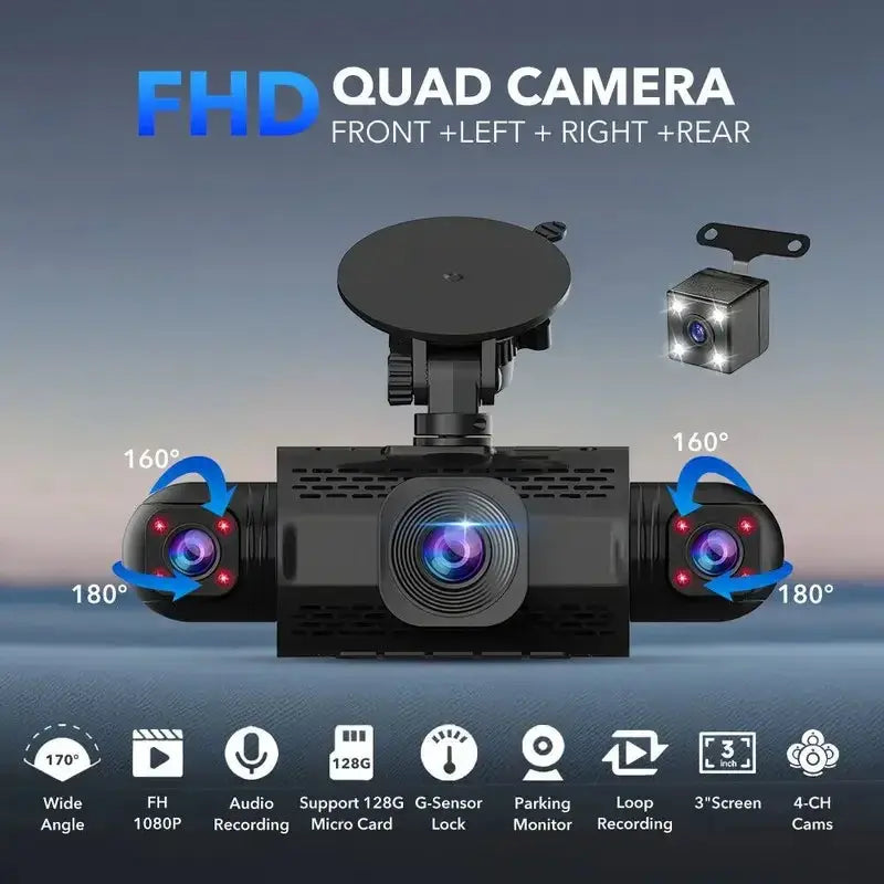 Simples Market car dash cam 4-channel black box with FHD 1080p front left right rear cameras and night vision