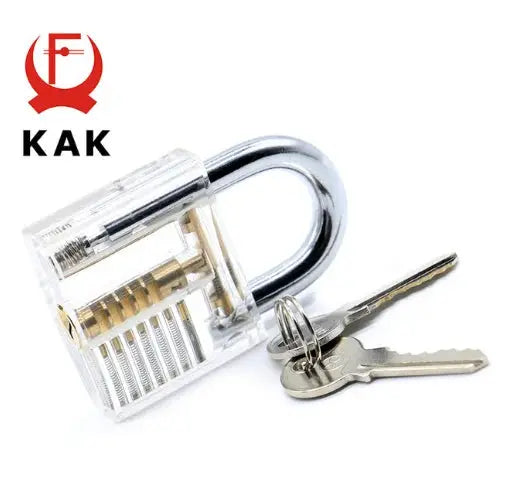 KAK transparent practice padlock with keys, clear body showing internal pins