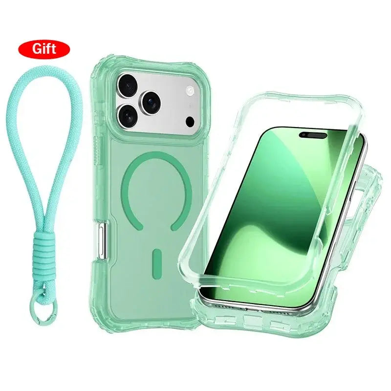 Armor 3IN1 clear case for iPhone 17 Pro Max with mint-green PC+TPU bumper, magnetic charging, and wrist strap