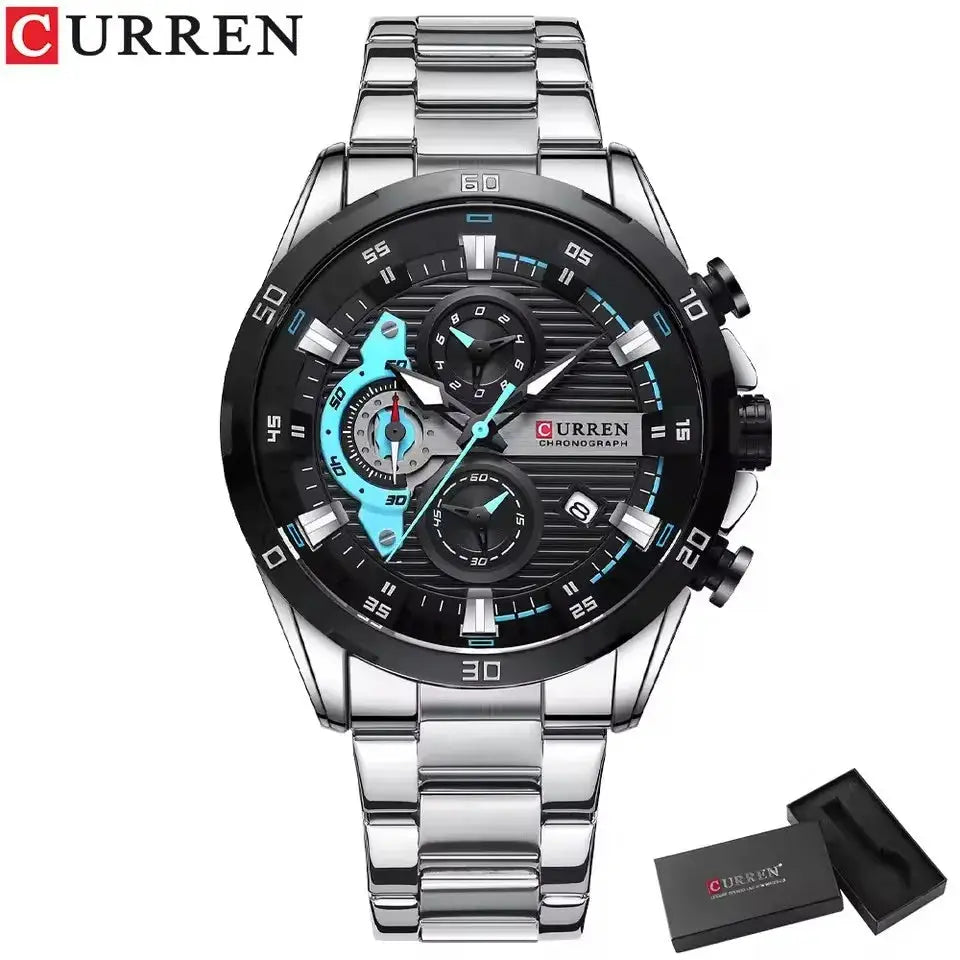 CURREN 8402 wristwatch; stainless steel band, black luminous dial with blue accents, chronograph, comes with box.