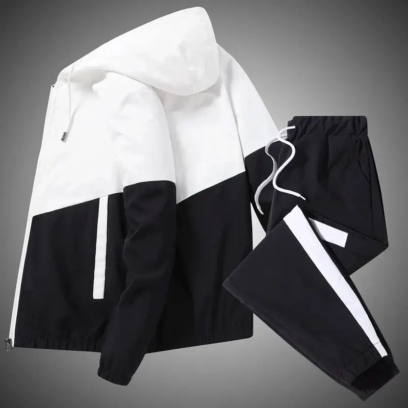 Men's color-block black and white hooded tracksuit jacket and pants 2-piece set Simples Market