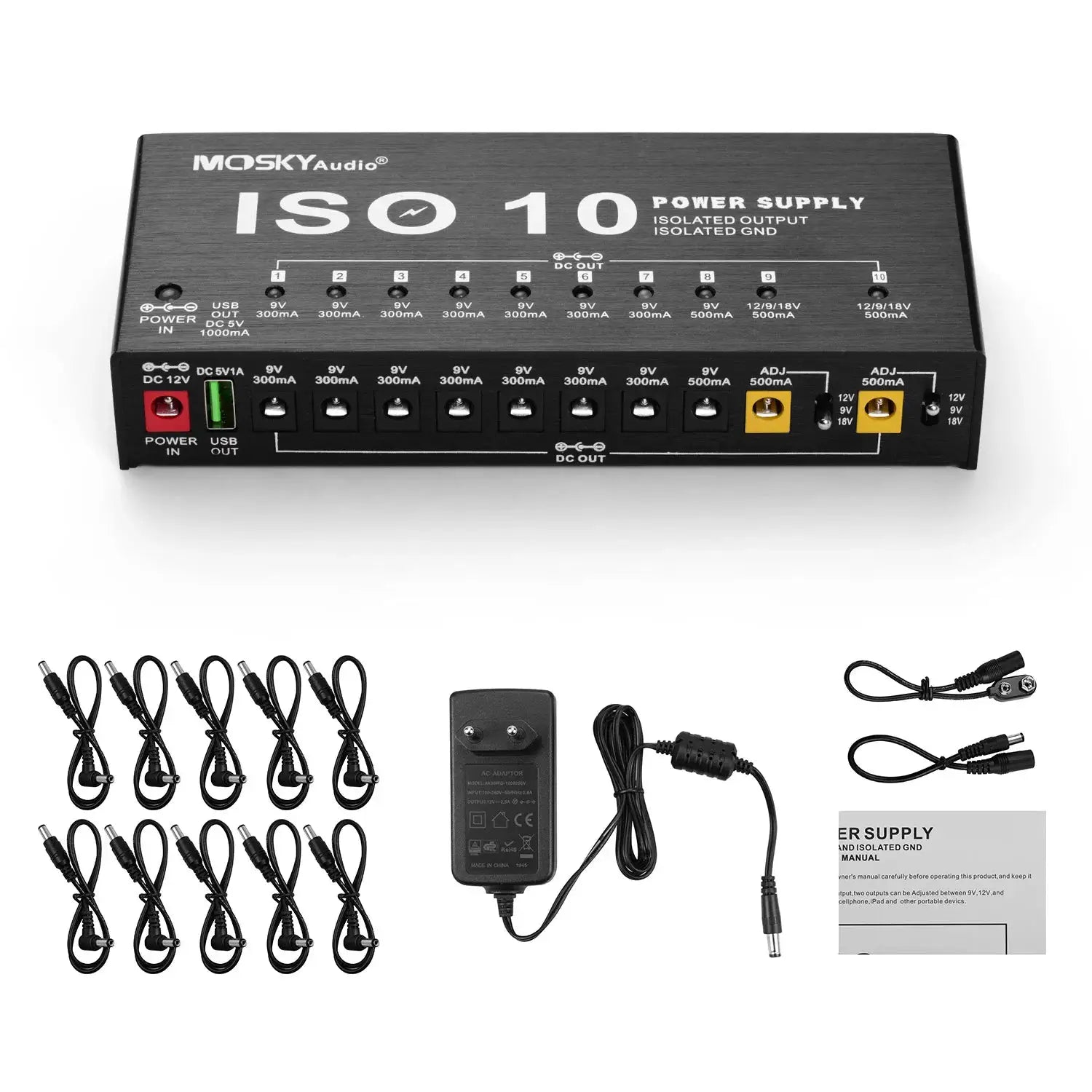MOSKY ISO-10 Guitar Pedal Power Supply With 10 Isolated DC Outputs And 5V USB For 9V 12V And 18V Pedals