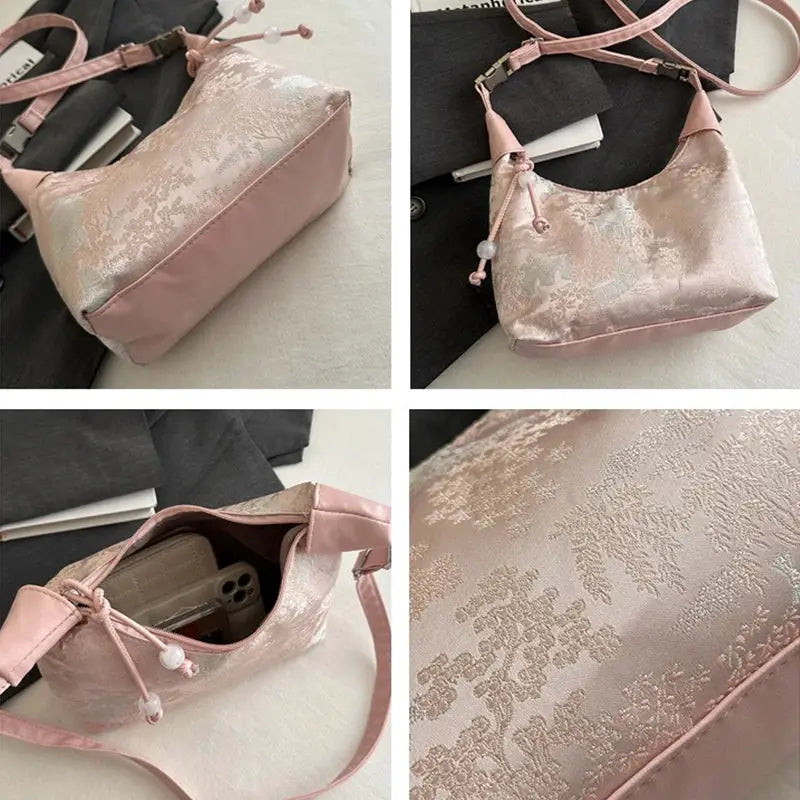 Handbag pink satin with Chinese-style floral embroidery; crossbody shoulder bag for women