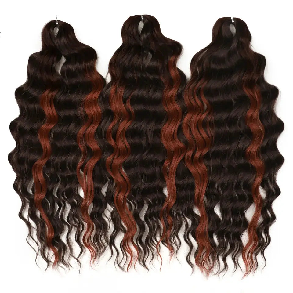 Noble Hair synthetic loose deep wave 24in braiding hair extensions, 3 bundles in dark brown to copper ombre ends