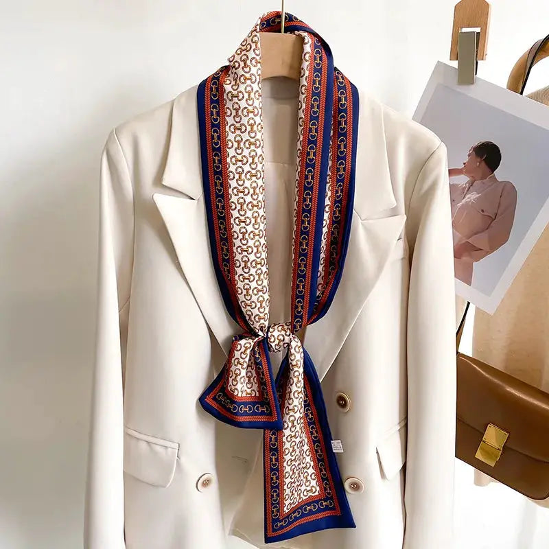 LuxeSilk Silk Feel Printed Design Scarf Versatile Long Narrow Silk Shawl For Fashionable Styles
