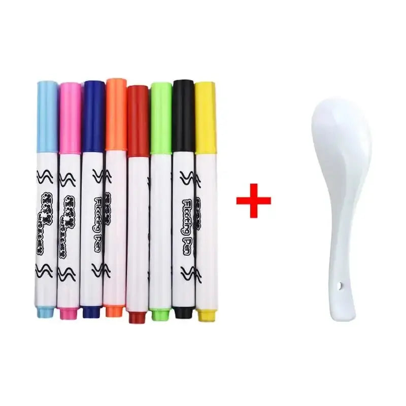 Magical water painting pen set with 8 colored markers and a white spoon-shaped tool