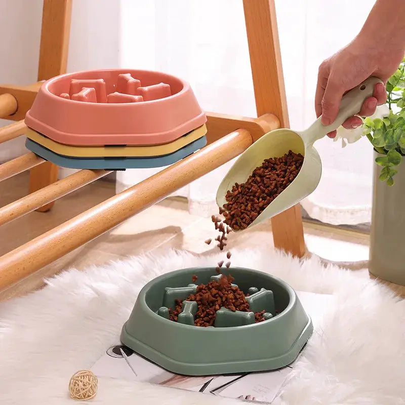 Pet slow-feed bowl set for cats and dogs; round anti-choking, non-slip, thickened design in pastel colors