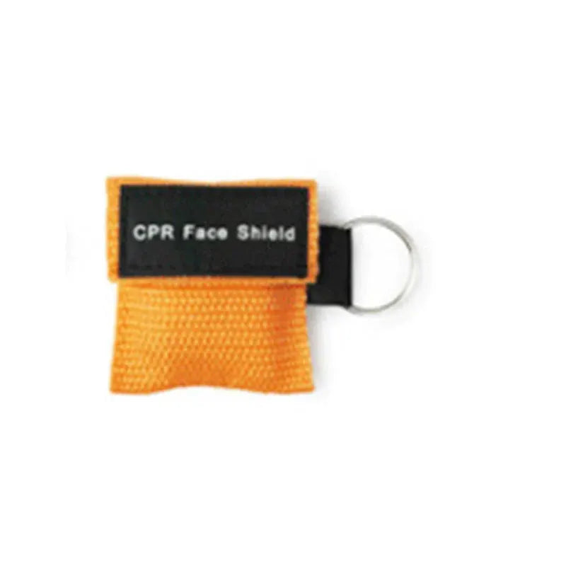 Keychain CPR face shield with orange fabric pouch and metal ring