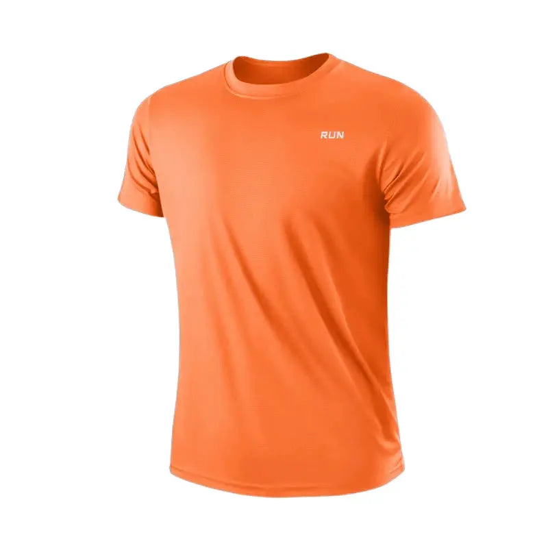 Men's quick-dry orange T-shirt by Simples Market, moisture-wicking round-neck gym top with short sleeves.