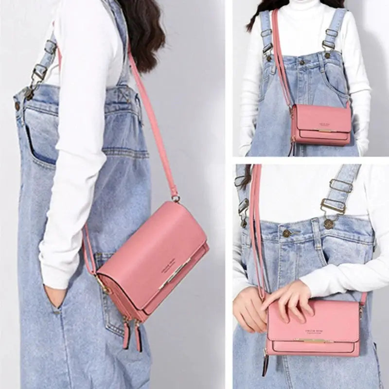 Pink women's crossbody wallet bag with flap, large capacity for cards and phone.