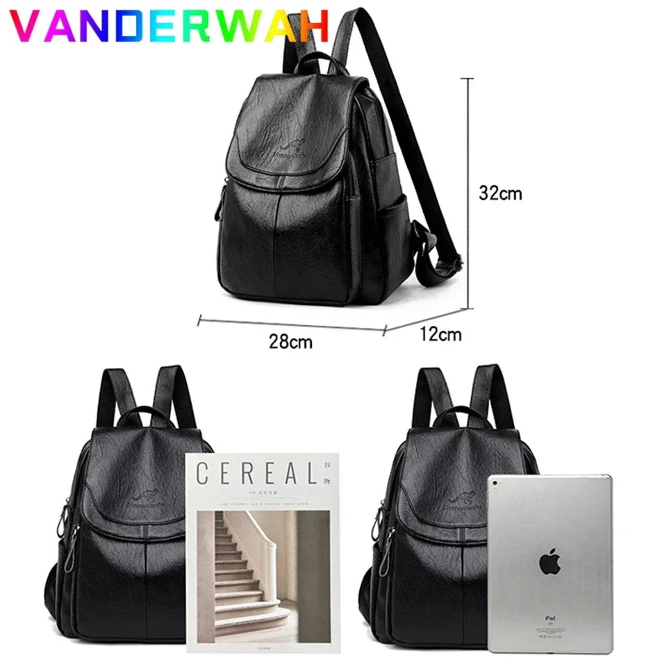 Genuine women’s soft black leather backpack by Simples Market, 28x12x32 cm; three backpacks shown.