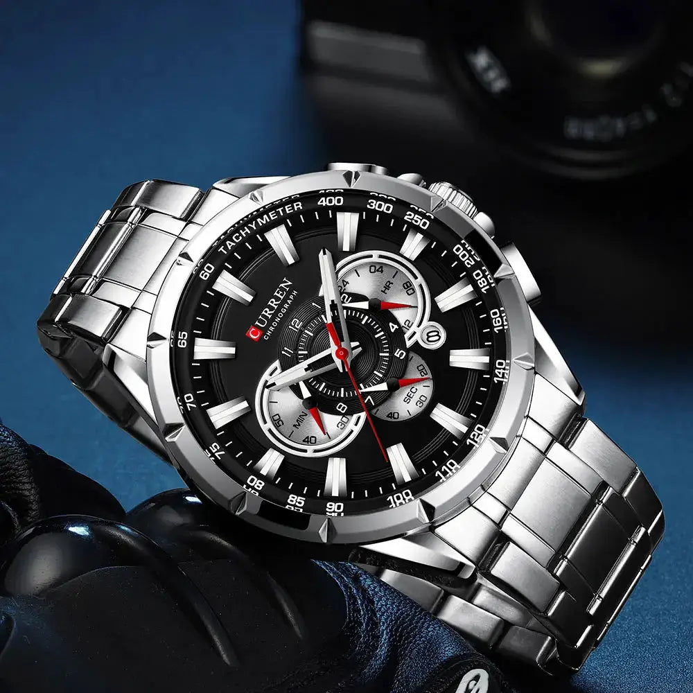 CURREN 8363 men's stainless steel chronograph watch with large black dial, luminous hands